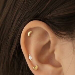 #91 Stainless Steel Gold Crescent and Heart Stud Earrings